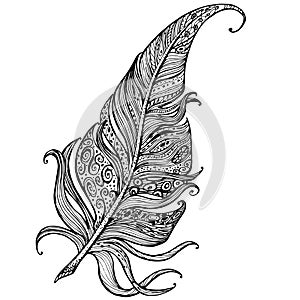 Hand drawn line art of feather with ornaments