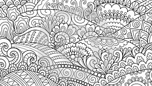 Hand drawn line art hill and abstract plant for background, coloring book and so on. Vector illustration