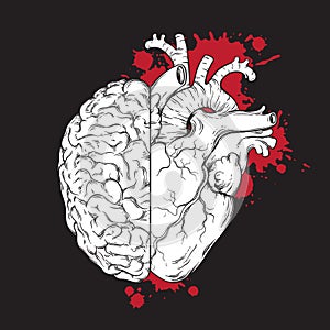 Hand drawn line art human brain and heart halfs. Grunge sketch tattoo design isolated on black background vector illustration