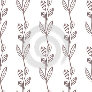 Hand drawn line art leaf seamless pattern. Retro style botanical background. Hand drawn floral wallpaper