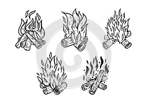 Hand drawn line art sign fire bonfire camping sign vector illustration.