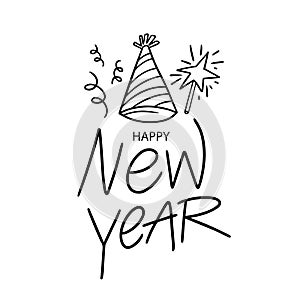 Hand drawn line art sketch style Happy New Year lettering text phrase.