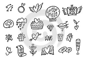 Hand drawn line art style doodle elements love set.