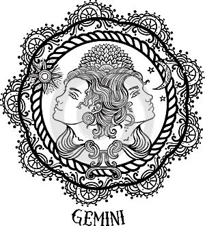 Hand drawn line art of zodiac gemini. Vector