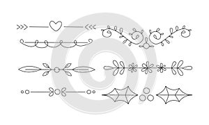 Hand drawn line borders set, decorative design elements, text dividers vector Illustration