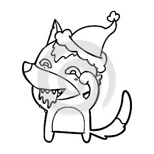 hand drawn line drawing of a hungry wolf wearing santa hat