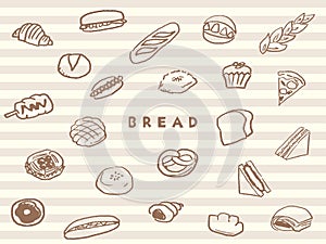 Hand-drawn line drawings of various breads. Striped background