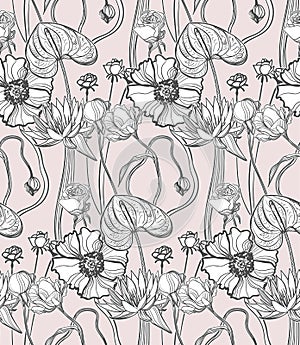 Hand drawn line  flower pattern pink