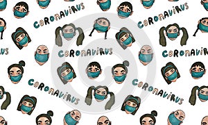 Hand drawn line image of people wearing medical masks protecting themselves from the virus. Coronavirus covid-19