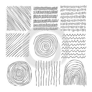 Hand drawn line texture set. Vector scribble, horizontal and wave strokes collection. Graphic vector freehand textures