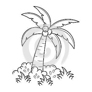 Hand Drawn lineal coconut tree with grass