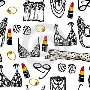 Hand drawn lined femine underwear and jewelry pattern lip stick photo