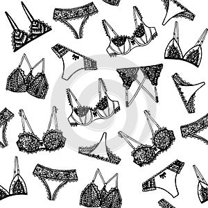 Hand drawn lingerie seamless pattern. Fashion feminine wallpaper.