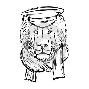 Hand Drawn Lion Head with Hat and Skarf. Lion Face. Vector