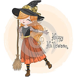 Hand drawn little cute Halloween girl witch with broomstick.