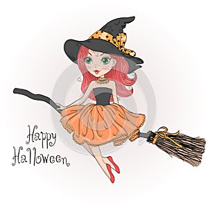 Hand drawn little cute Halloween girl witch flies on broomstick.