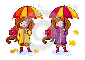 Hand drawn little girl with colorful umbrella and a big knitted scarf.