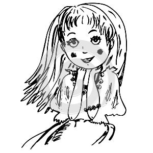 Hand drawn little girl with long hair and friendly smiling face