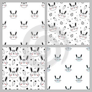Hand drawn Little Hare for baby clothes. Set of kids seamless patterns. Vector illustration in doodle style.
