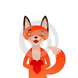 Hand drawn little red fox in love with heart gift in his hands. Isolated on white, typography poster. Cartoon fox illustration for