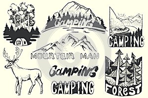 Hand Drawn logo set. Retro collection of outdoor company, camping, adventure labels. Old style elements, mountain