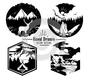 Hand Drawn logo set. Trendy collection of outdoor company, camping, adventure labels. mountain camping , Campfire and