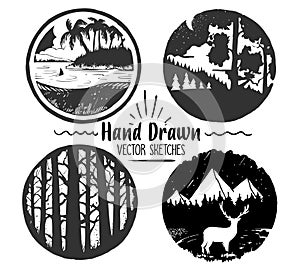 Hand Drawn logo set. Trendy collection of outdoor company, camping, adventure labels. mountain, hills ,forest and