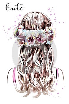 Hand drawn long hair girl in flower wreath. Brown hair. Cute curly hairstyle. Sketch.