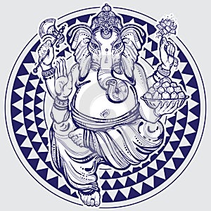 Hand drawn Lord Ganesha over tribal geometric pattern. Highly detailed beautiful vector illustration isolated. Psychedelic.