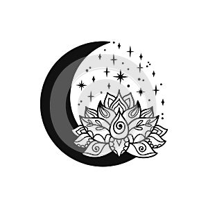 Hand drawn lotus flower and half moon. Mystic spiritual design.