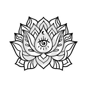 Hand drawn lotus flower tattoo design. Graphic mandala pattern.