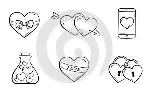 Hand drawn love symbols and valentines set. heart, flask, padlocks and smartphone. elements for valentine`s day design