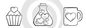 Hand drawn love and valentines icon. flask with hearts, cake and cup with heart. valentine`s day design
