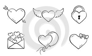 Hand drawn love and valentines set. love, heart, padlock and envelope symbols. elements for valentine`s day design