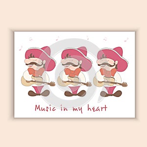 Hand Drawn lovely with three mexicans, sombreros and guitars - cute postcard made in vector. Printable template.