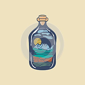 Hand drawn magic bottle for witchcraft, magical boho illustration, vase with mountains and moon inside.T-shirt and vector logo