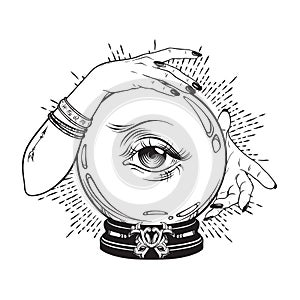 Hand drawn magic crystal ball with eye of providence in hands of fortune teller. Boho chic line art tattoo, poster or altar veil p photo