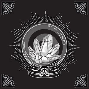 Hand drawn magic crystal ball with gems line art and dot work. Boho chic tattoo, poster or altar veil print design vector illustra