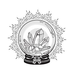 Hand drawn magic crystal ball with gems line art and dot work. Boho chic tattoo, poster or altar veil print design vector illustra