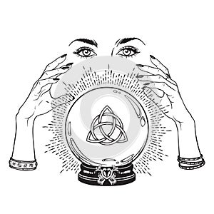 Hand drawn magic crystal ball with Triquetra or Trinity knot in hands of fortune teller line art and dot work. Boho chic tattoo, p