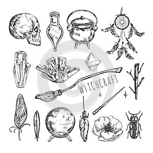 Hand drawn Magic set. Vector illustration wizardry, witchcraft symbols Isolated icons collection Cartoon halloween and sorcery con photo