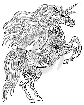 Hand drawn magic Unicorn for adult anti stress Coloring Page wit