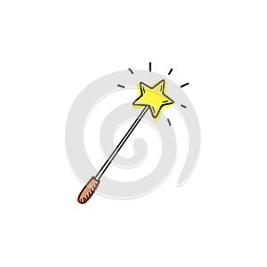 Hand Drawn magic wand with yellow star. doodle style icon. Flat design. Vector illustration.