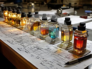 study sheet of glowing necromantic crystal reactions with notes and samples