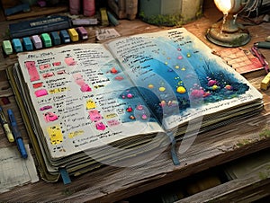 study sheet of glowing necromantic crystal reactions with notes and samples