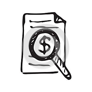 Hand Drawn magnifier document doodle. Sketch dollar icon. Decoration element. Isolated on white background. Flat design. Vector i