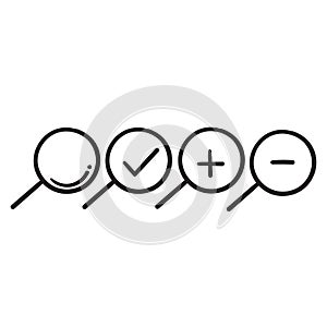 Hand drawn magnifying glass icon with min, plus and check mark symbol inside isolated in doodle