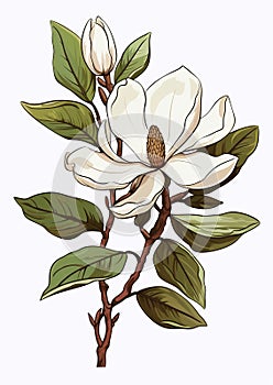 Hand Drawn Magnolia Branch: Colorful Tattoo Motif And Realistic Scenery