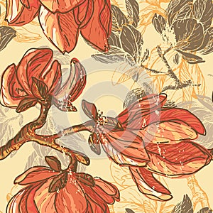 Hand drawn magnolia flowers seamless pattern