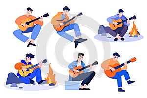 Hand Drawn Male musician playing acoustic guitar in flat style